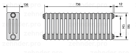 Схема (чертеж) Радиатор Zehnder Charleston 4019/16 №7610 Белый глянцевый RAL 9016